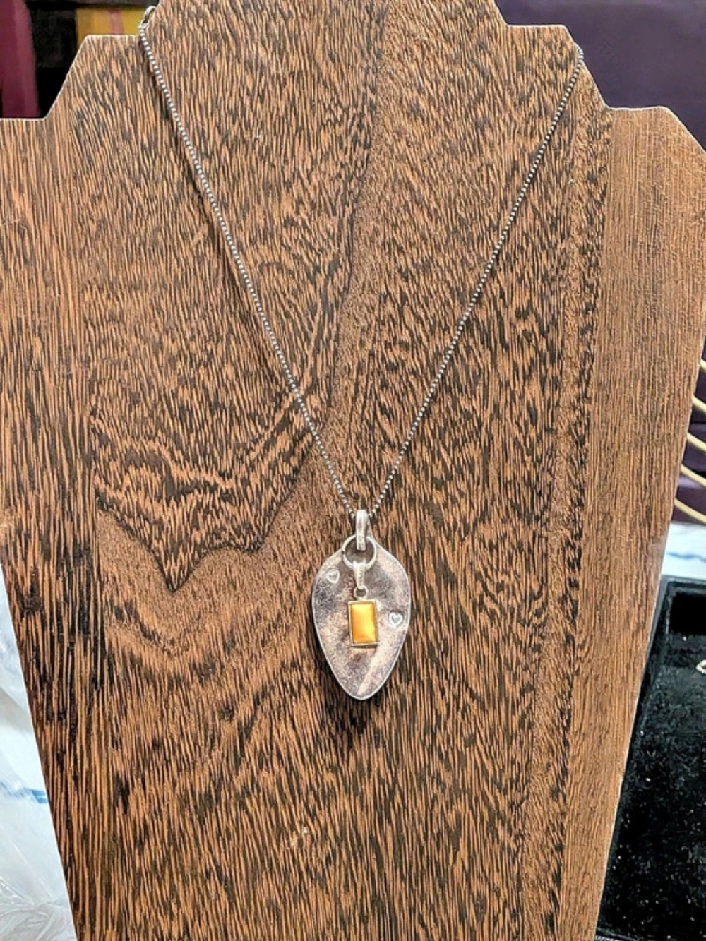 Vintage Sterling Silver Artisan Amber Pendant Necklace Stamped 925